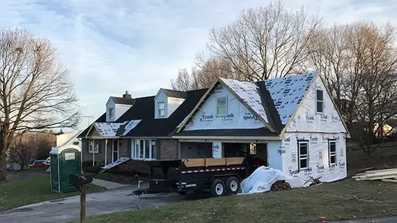 Tyvek wrapped house during a project